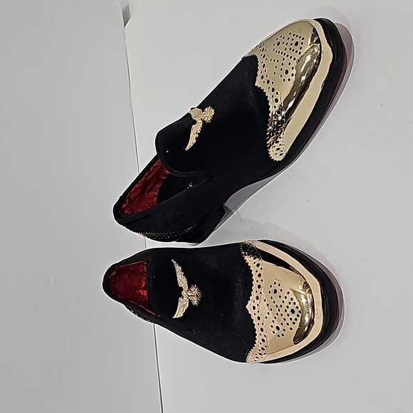 ELANROMAN Men's Sz EU 45 US 11 Black Velvet Gold Eagle Loafer formal Dressy - Picture 2 of 11